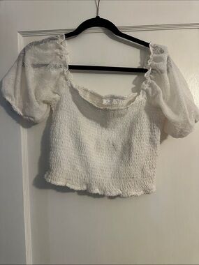 Sage White Smocked Crop Top with Sheer Puff Sleeves